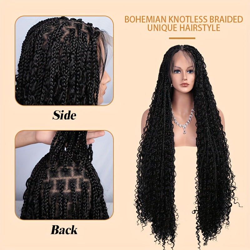 360 Lace Boho Knotless Box Braided Wig for Women - Full Double Lace with, Natural Black Synthetic Hair, Lightweight & Breathable, Perfect for Daily Wear, Parties, and Special Occasions, Versatile Hair Solution | Voluminous Br